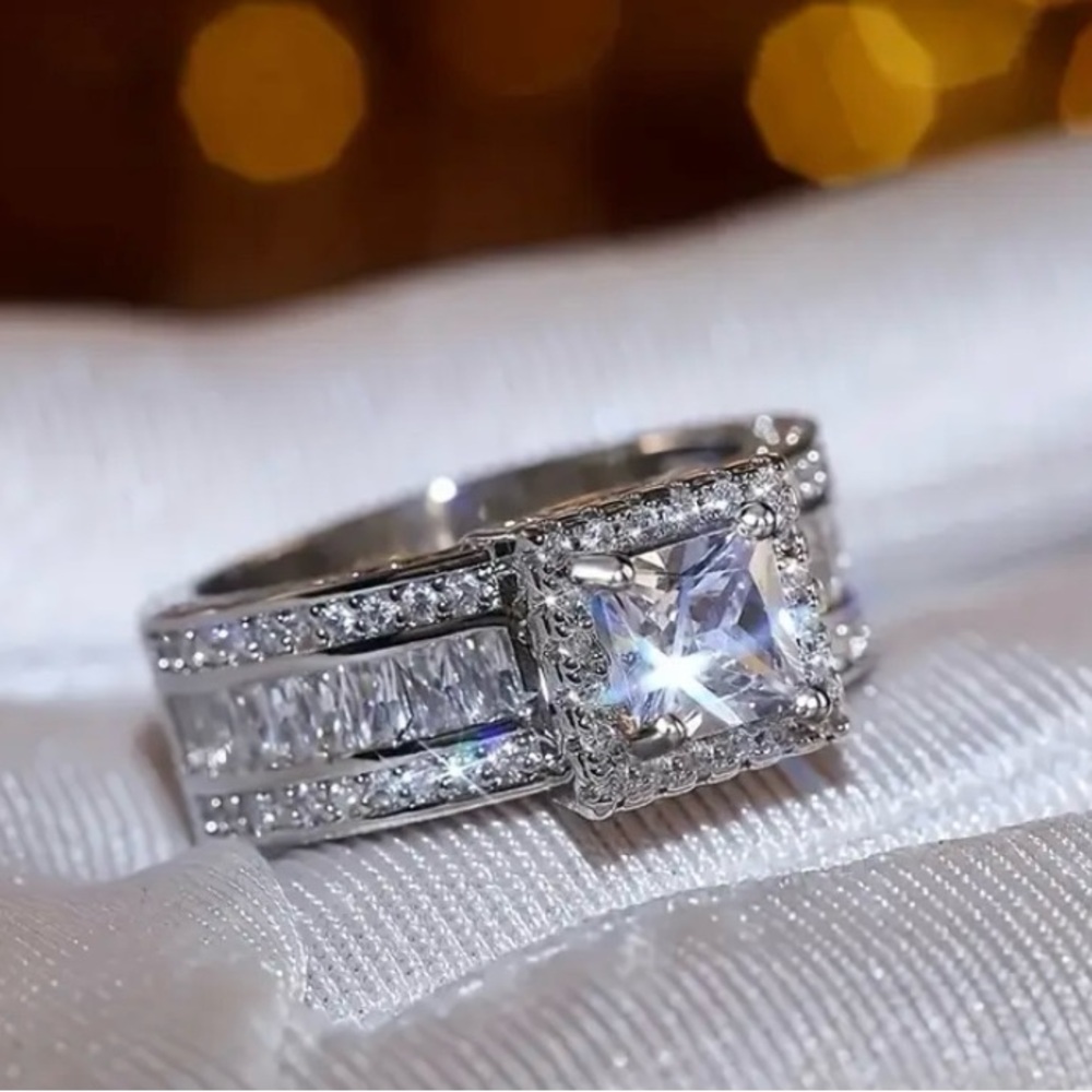 Silver Crystal Halo Engagement Ring - White size 9